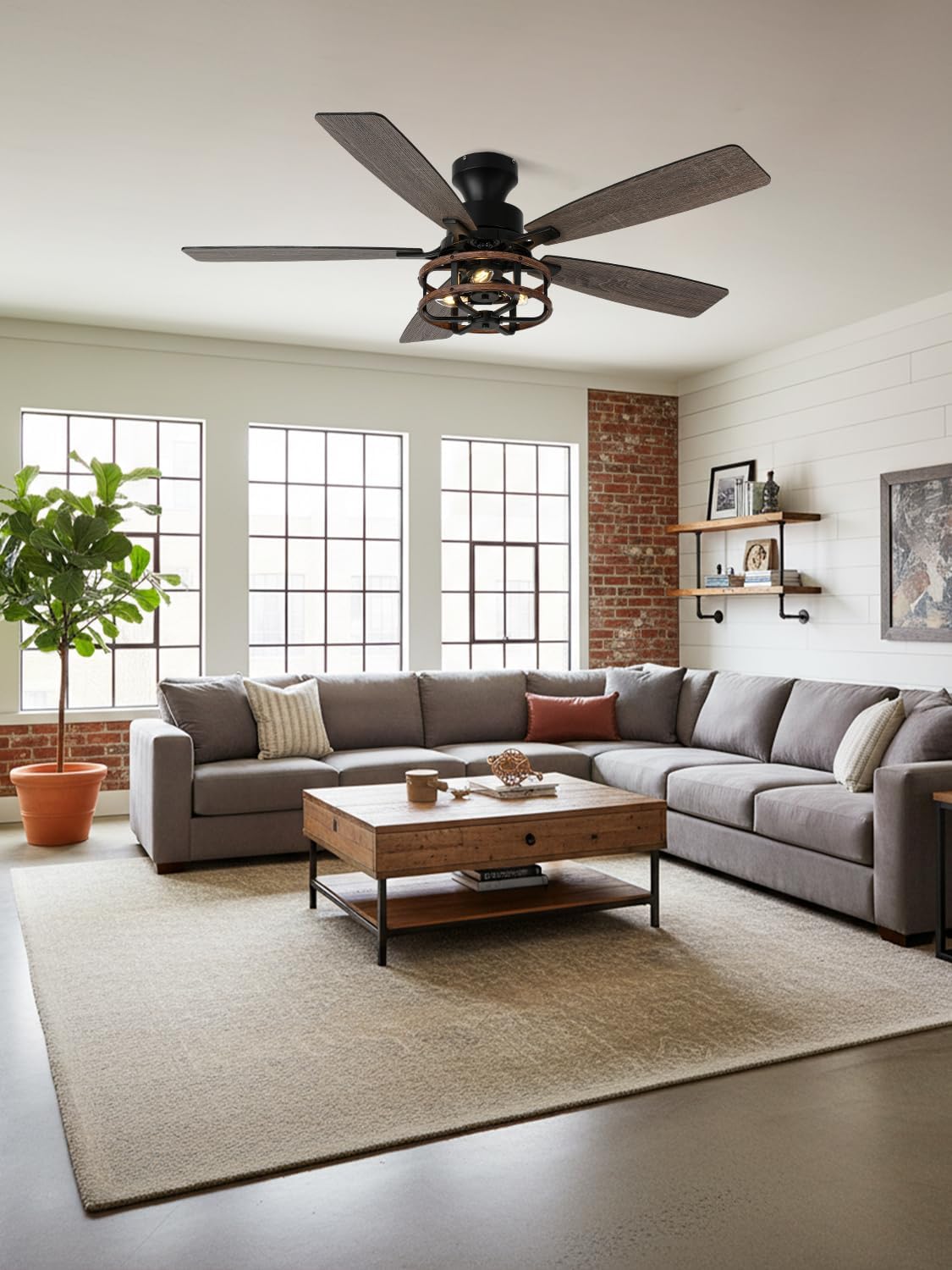 52 Inch Flush Mount Farmhouse Ceiling Fan with Light Rustic Caged Low Profile Ceiling Fan for Living Room Bedroom Patio