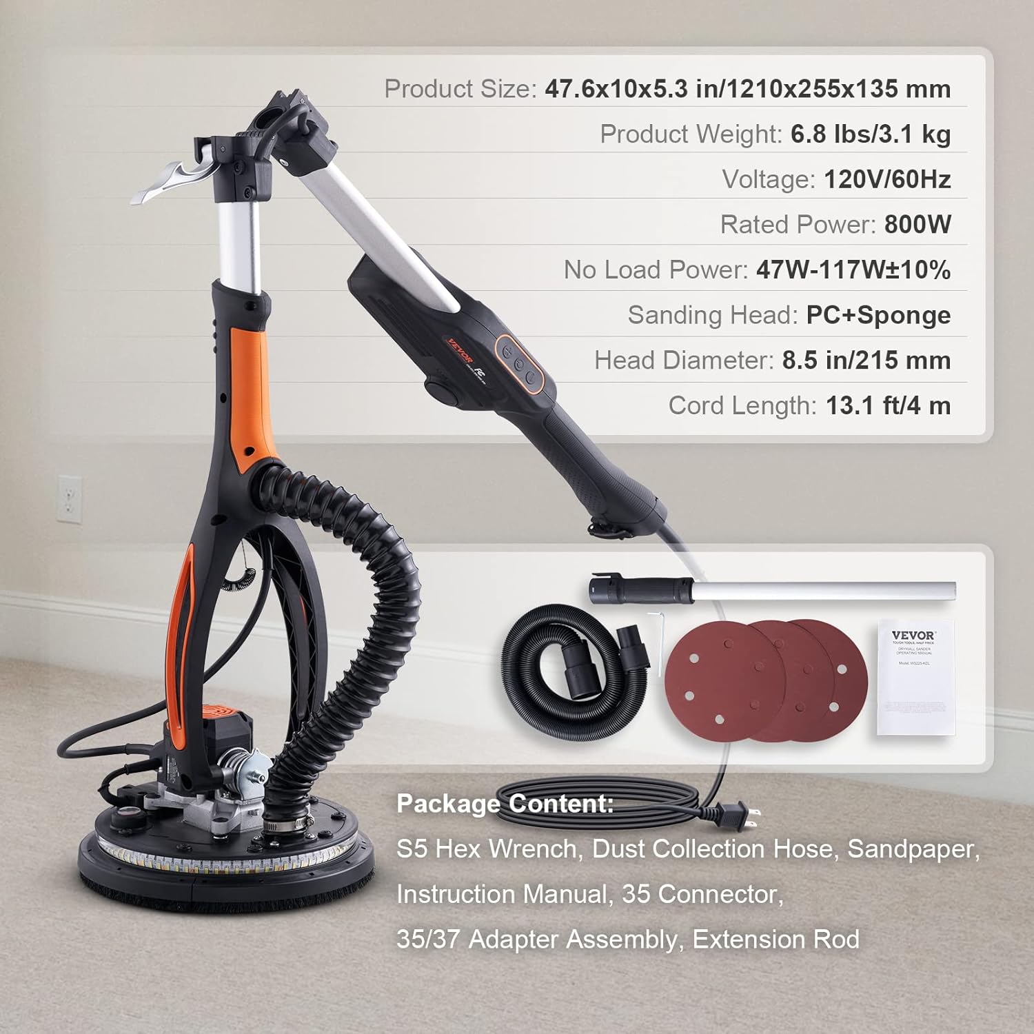 VEVOR Drywall Sander, 800W Brushless Motor Electric Sander, Variable Speed 1000-2300 RPM, Foldable Ceiling Sander with Double-Deck LED Lights, Extendable Handle, 12 Sanding Discs