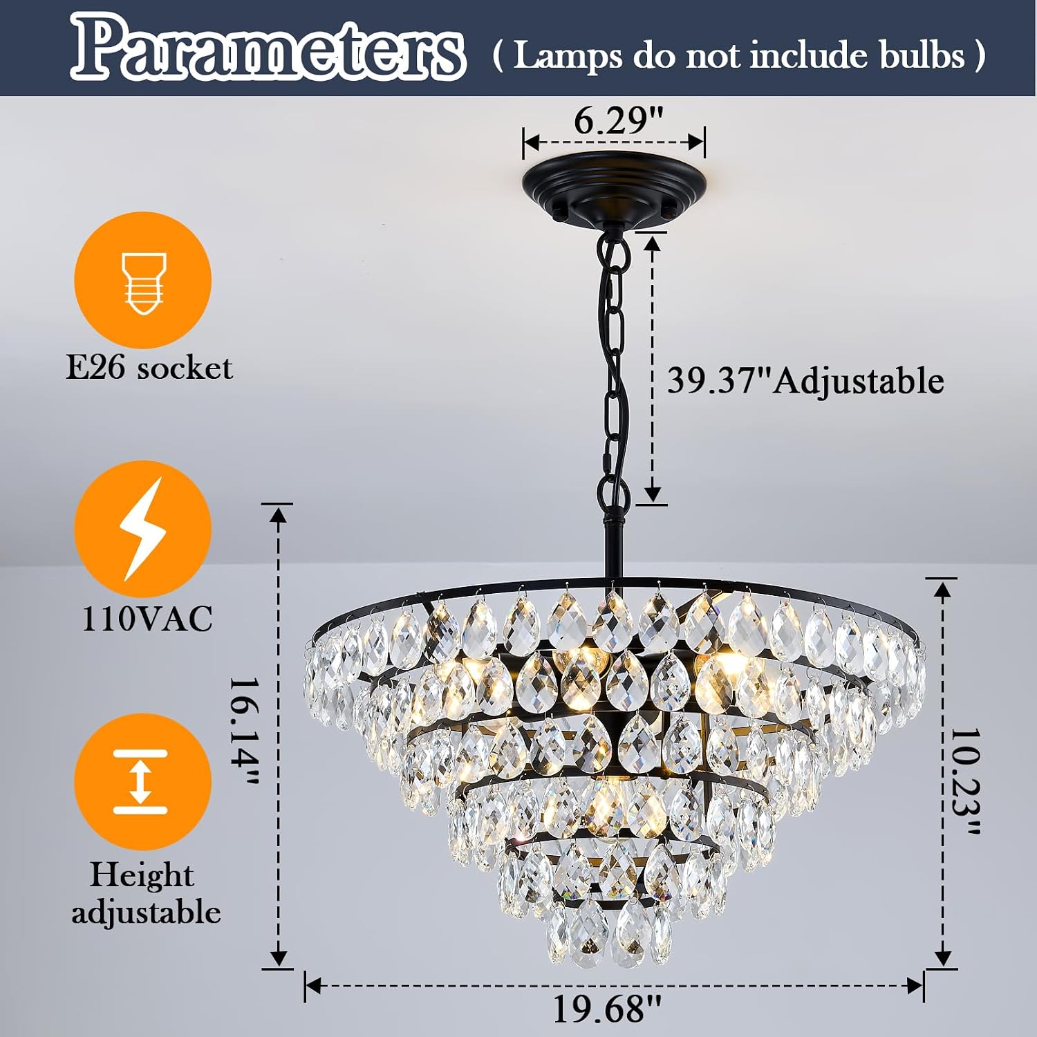 YYJLX Modern Crystal Chandelier 7 Light 20' Raindrop Black Ceiling Chandelier Adjustable Hanging Light Fixture for Dining Room Foyer Entryway Staircase Living Room