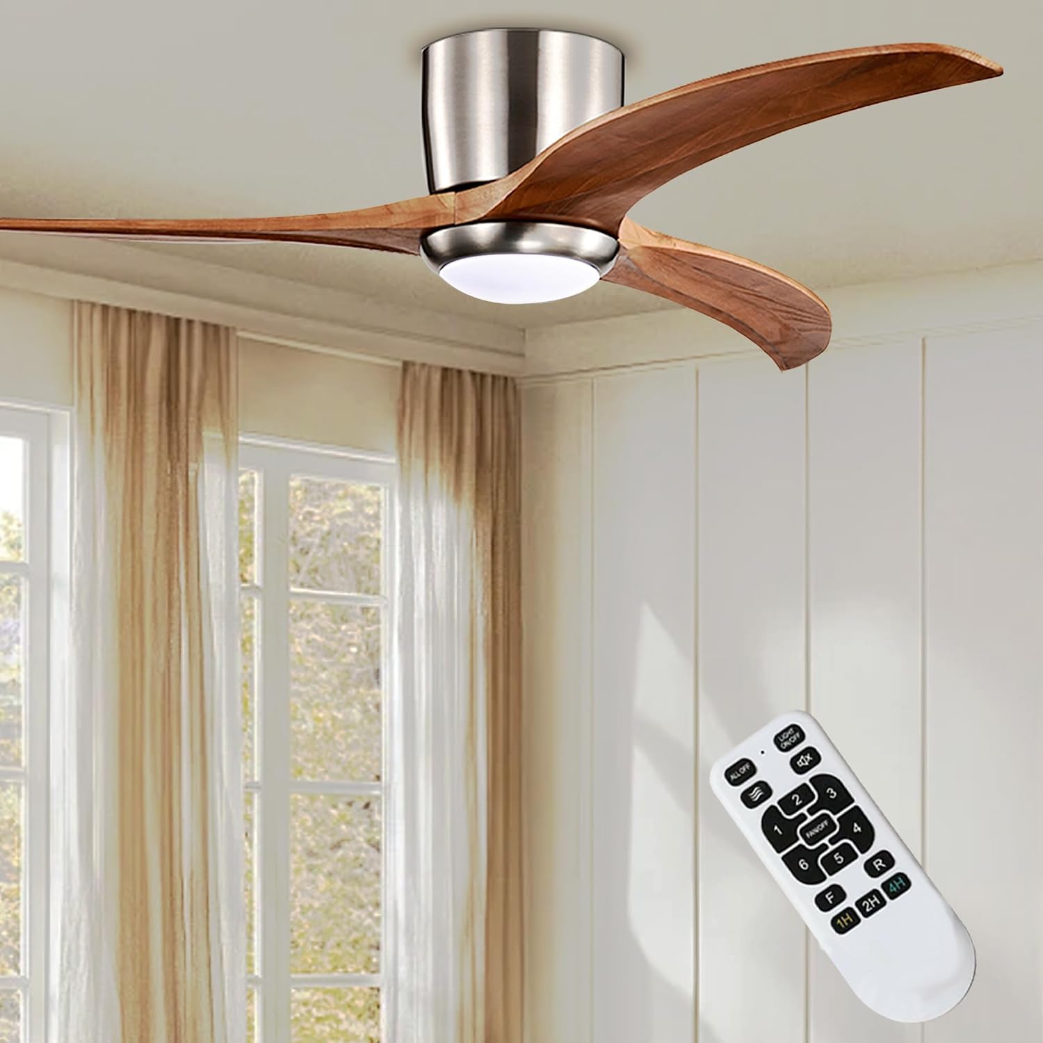 52' Modern Dimmable Chandelier Fan with Light, Low Profile Flush Mount Ceiling Fan Wooden Fandelier with Remote Reversible DC Motor Ceiling Fan for Bedroom Living Room (Nickel)
