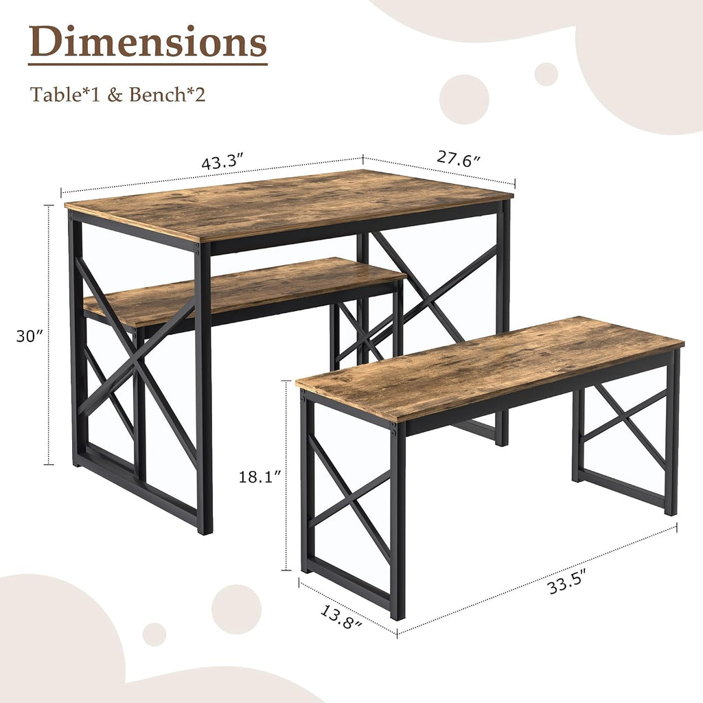VECELO Kitchen Dining Table Benches Set for 4, 43.3' Wooden Dinette with 2 Benches, Heavy-Duty Dining Room Table for Small Space, Breakfast Nook, Brown