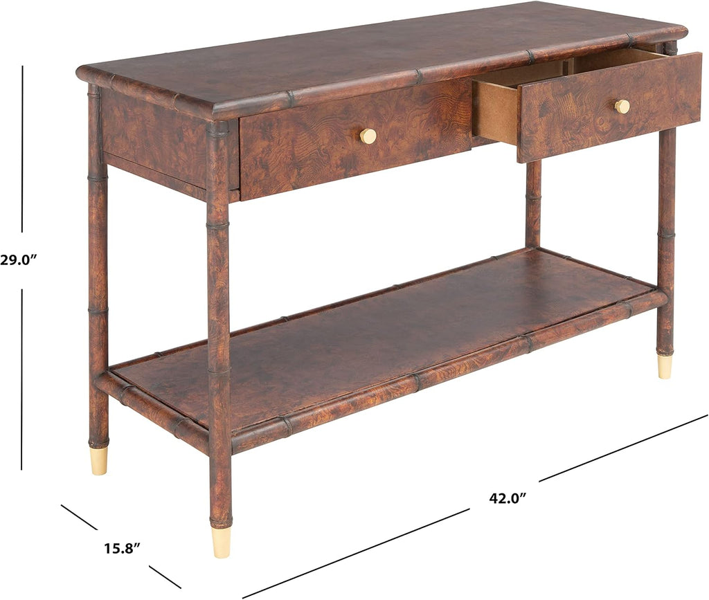 SAFAVIEH Home Collection Tudor Dark Brown/Gold 2-Drawer Lower Shelf Console Table (Fully Assembled)