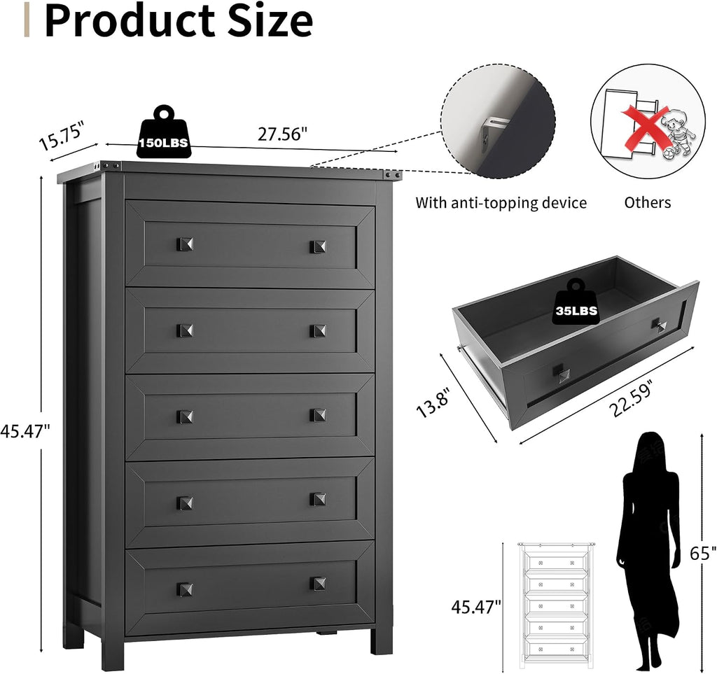 Xixini Dresser for Bedroom with 5 Drawers, Tall Wood Chest of Drawers, Modern Farmhouse Closet Clothes Organizer, Storage Tower Cabinet with Metal Handles for Hallway, Living Room, Entryway, Black