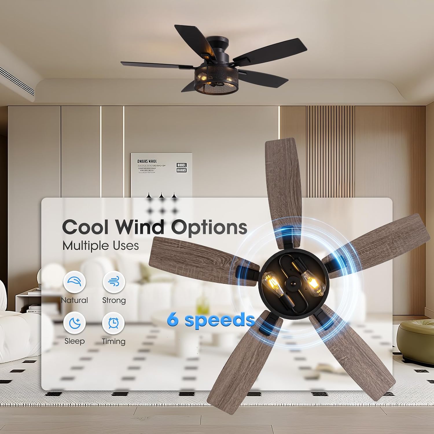 LuminFan Flush Mount Ceiling Fans with Lights and Remote Control, Low Profile Farmhouse Ceiling Fan with LED Lighting for Bedroom Living Room and Patio, Black Caged Ceiling Fan for Indoor and Outdoor