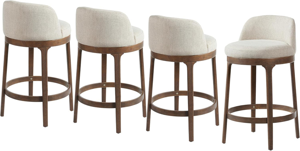 Christopher Knight Home Linhill 26.5' H Bar Stools Set of 4, Indoor Wooden Counter Stools with Round Upholstered Seat, Kitchen Stools, Rubberwood Frame with Footrest for Dining Island, Beige + Walnut