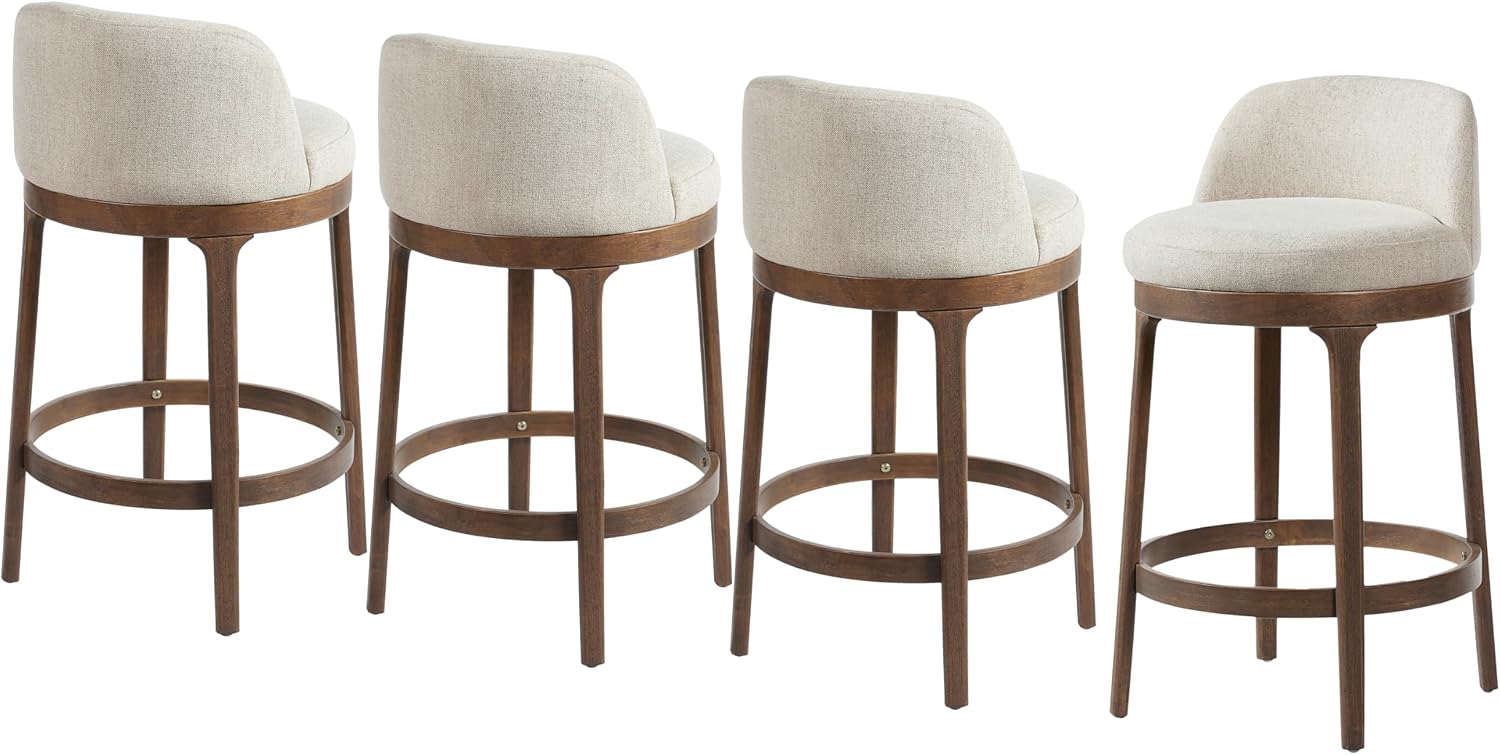 Christopher Knight Home Linhill 26.5' H Bar Stools Set of 4, Indoor Wooden Counter Stools with Round Upholstered Seat, Kitchen Stools, Rubberwood Frame with Footrest for Dining Island, Beige + Walnut