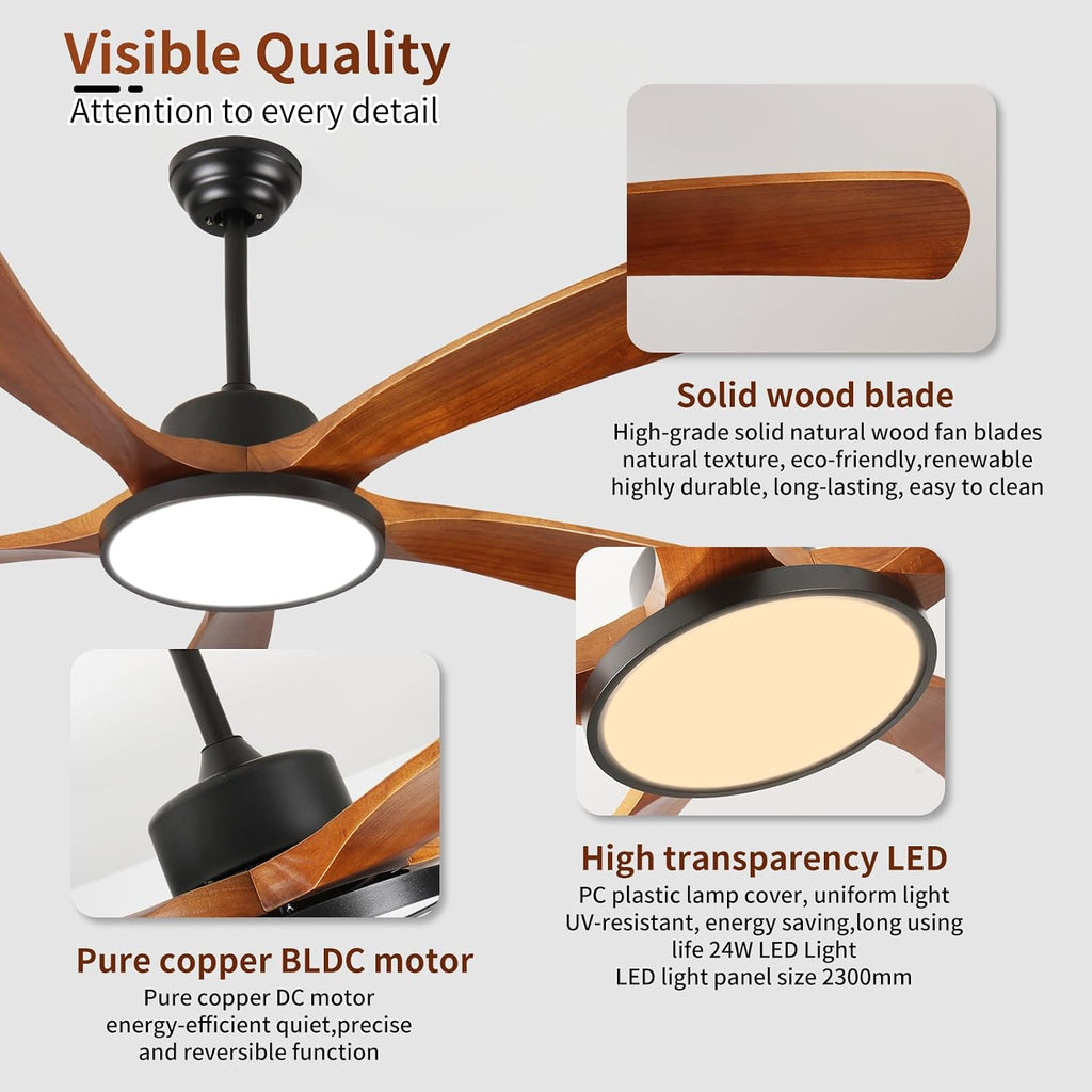 Wood Ceiling Fans with Lights and Remote Control LED Dimmable 52Inch Ceiling Fan DC Motor Reversible 5 Blade Wooden Ceiling Fans for Living Patio Matte Black