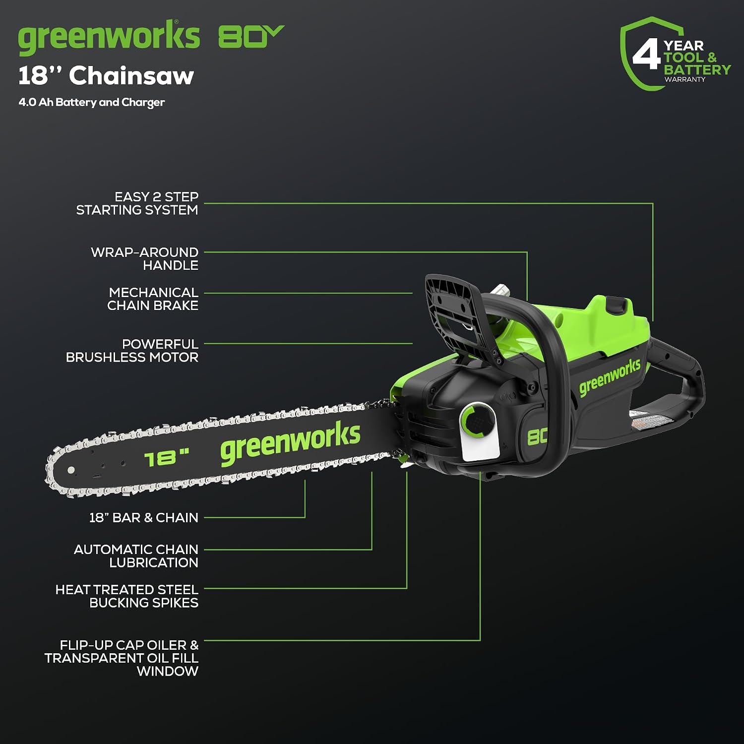 Greenworks 80V 18' Brushless Cordless Chainsaw (Great For Tree Felling, Limbing, Pruning, and Firewood), 75+ Compatible Tools, 4.0Ah Battery and Charger Included