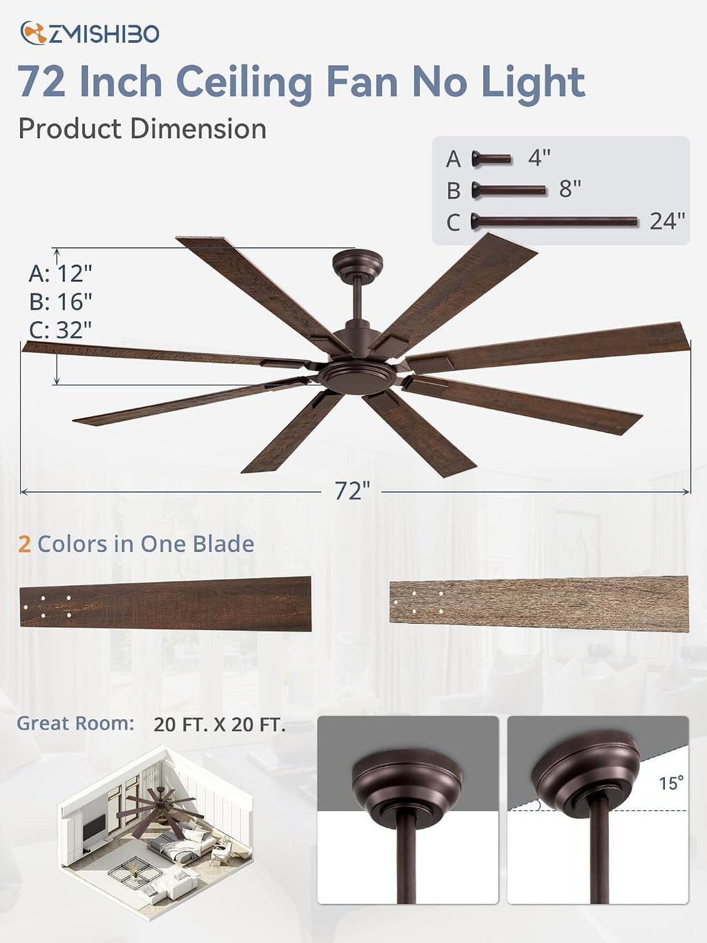 ZMISHIBO 72 Inch Oil Rubbed Bronze Ceiling Fans No Light with Remote, Indoor/Outdoor Farmhouse Ceiling Fan Without Light for Living Room Patio, 6 Speed Reversible Quiet DC Motor, Dual Finish Blades