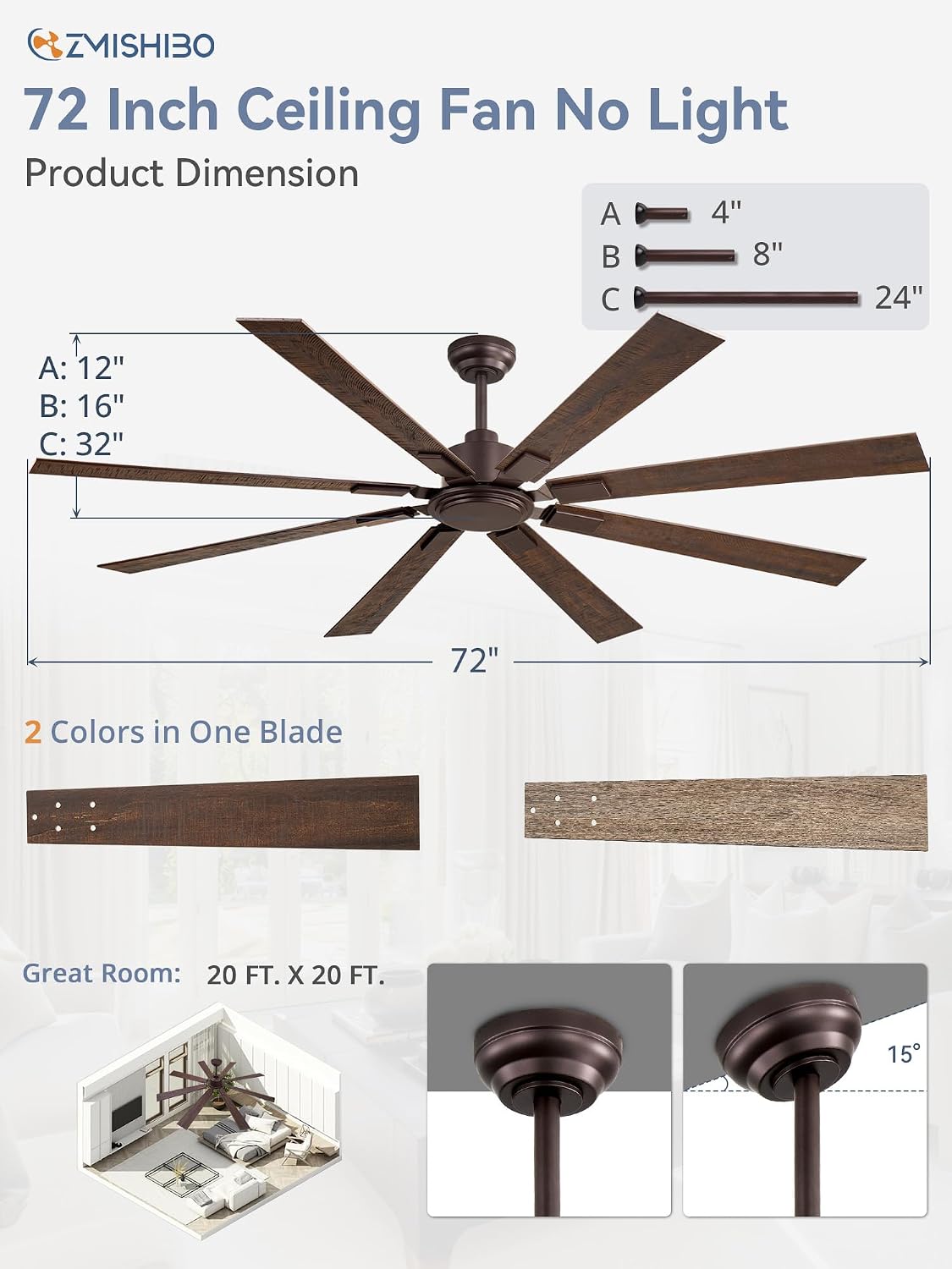 ZMISHIBO 72 Inch Oil Rubbed Bronze Ceiling Fans No Light with Remote, Indoor/Outdoor Farmhouse Ceiling Fan Without Light for Living Room Patio, 6 Speed Reversible Quiet DC Motor, Dual Finish Blades
