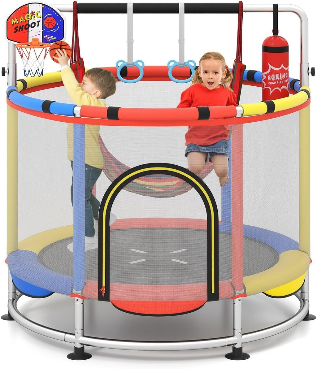OLAKIDS 55' Trampoline for Kids, Indoor Outdoor Adjustable Toddler Trampoline with Safety Enclosure Net, Baby Recreational Trampolines with Basketball Hoop Hammock Boxing Bag Gymnastic Bar Rings
