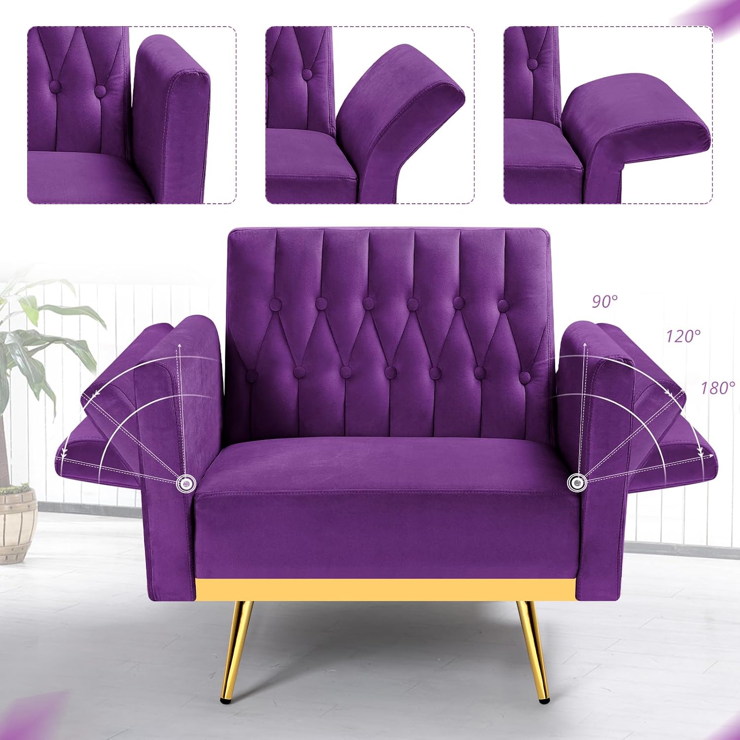 Velvet Accent Chair with Adjustable Armrests and Backrest, Button Tufted Lounge Chair, Single Recliner Armchair with Ottoman and Pillow for Living Room, Bedroom, Purpel