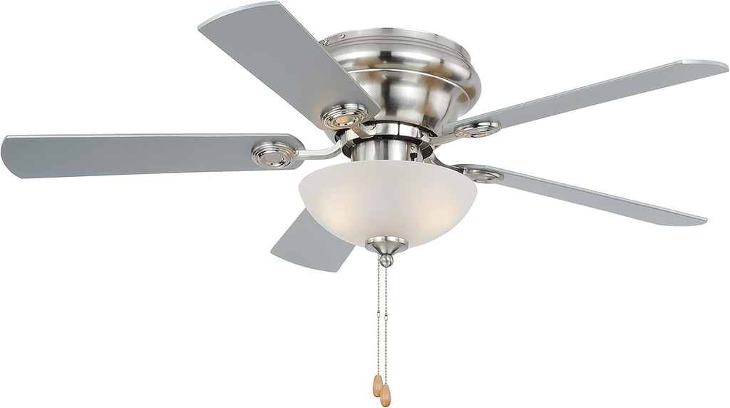 VAXCEL Expo 42 in. Satin Nickel Indoor Low Profile Flush Mount Transitional Ceiling Fan with Reversible Maple-Silver Blades, LED Light Kit and Pull Chain Included, 3 Speeds, White Frosted Glass Shade