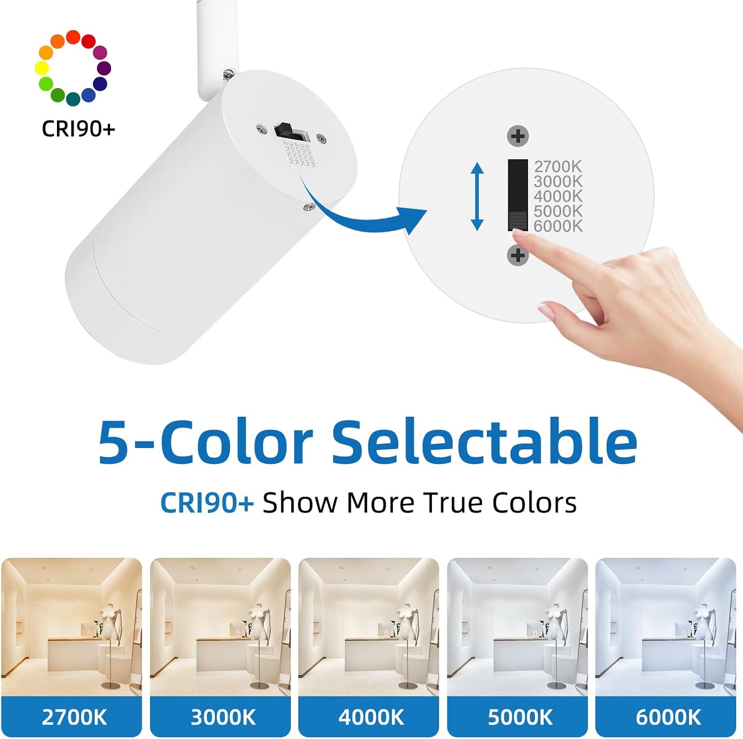 5-Color LED Track Lighting Kit, 15°-60° Zoomable Track Light Fixture Ceiling Head Dimmable 6-Lights 2700k-6000K Selectable Flexibly Rotatable for Accent Lighting, Kitchen, Living Room White