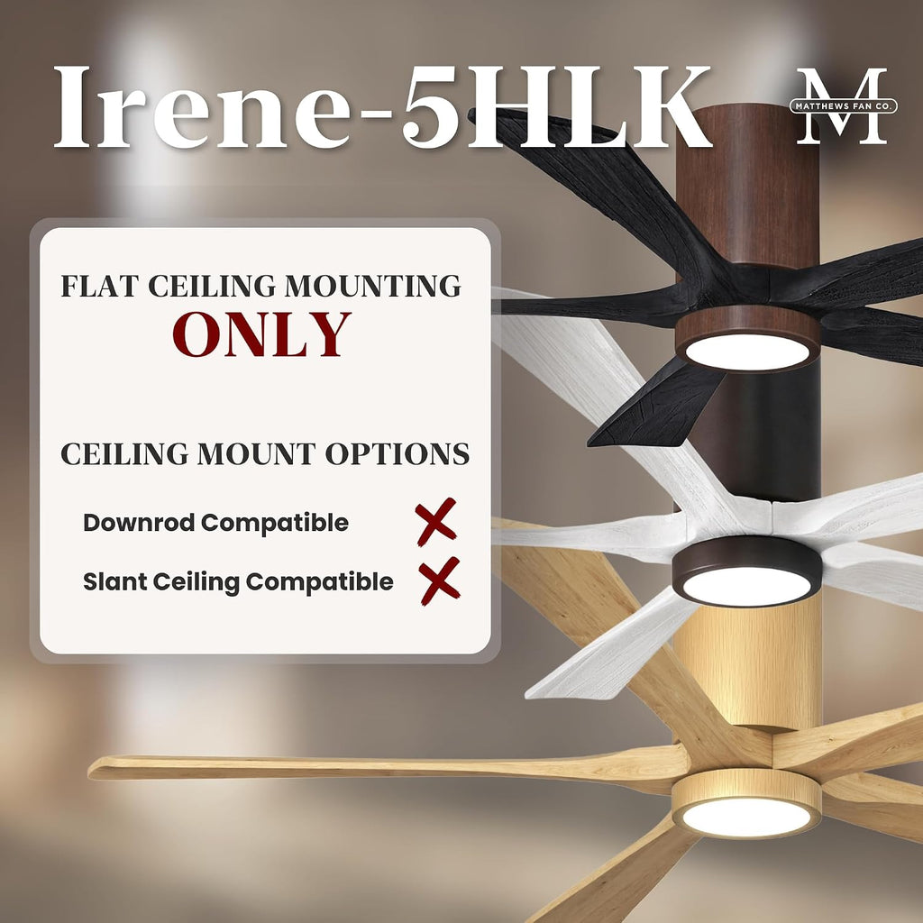 Matthews IR5HLK-BK-WA-42 Irene Damp Rated 42' Flush Mount Ceiling Fan with Light and Remote & Wall Control, Silent DC Motor, 5 Solid Wood Blades, Matte Black with Walnut Tone