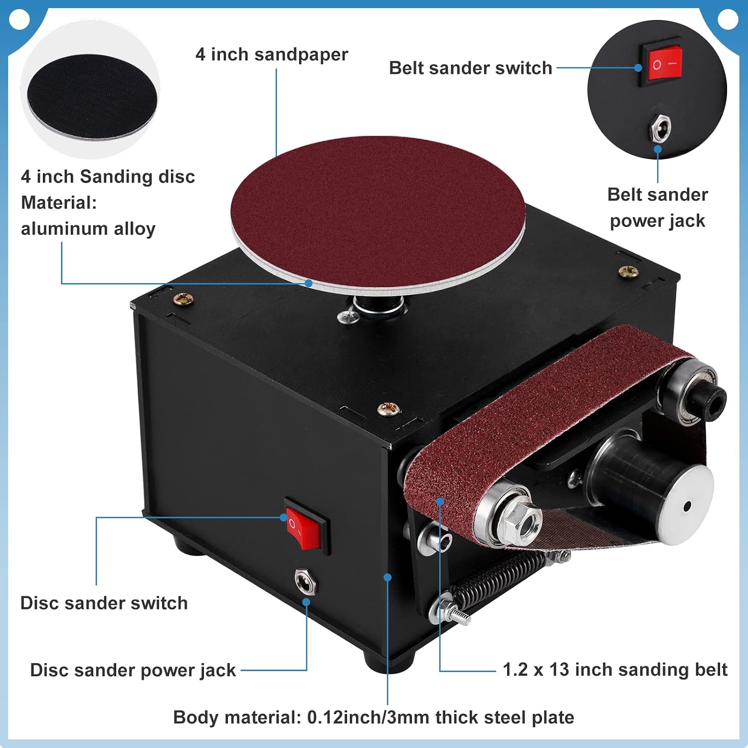 2 in 1 Mini Belt Disc Sander,4 Inch Sanding Disc Machine,1.18 x 13 inch Belt Sander 8000RPM for Knife Sharpening, Wood, Crafts, Metal, Stone, and Scissors Grinding