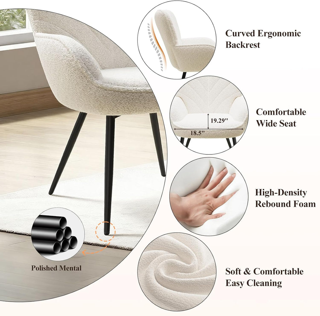 MALOL Mid-Century Modern Beige Sherpa Accent Chair, Upholstered Armchair for Living Room/Bedroom/Reading Corner, Curved Back & Padded Seat, High-Density Cushion, Metal Legs, Soft Cozy Fabric
