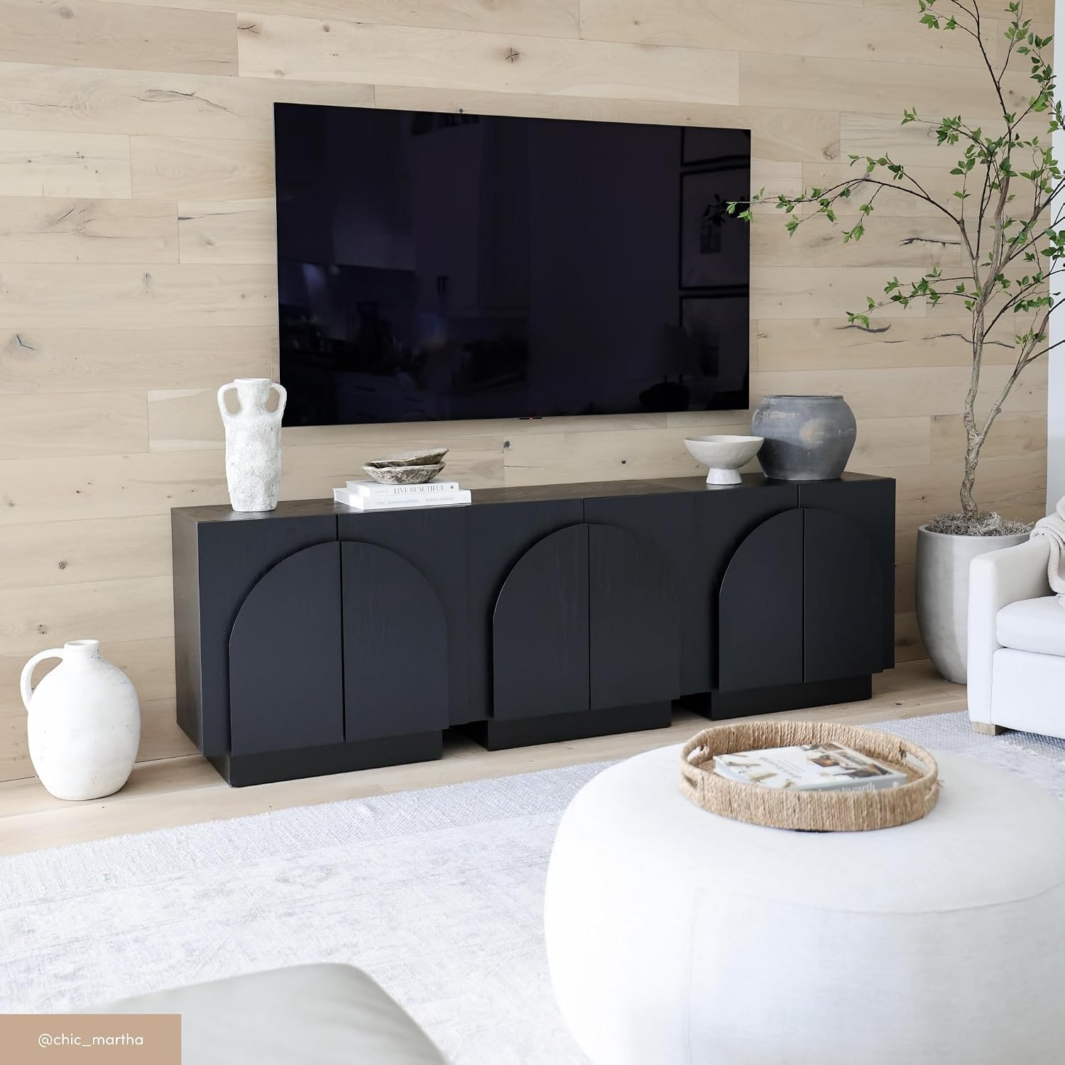 Nathan James Iris Mid-Century Modern Credenza, Black Sideboard Buffet, Living Room Wood Storage Cabinet with Arched Cabinet Doors, Black Credenza Cabinet for Kitchen or Living Room, Black Oak