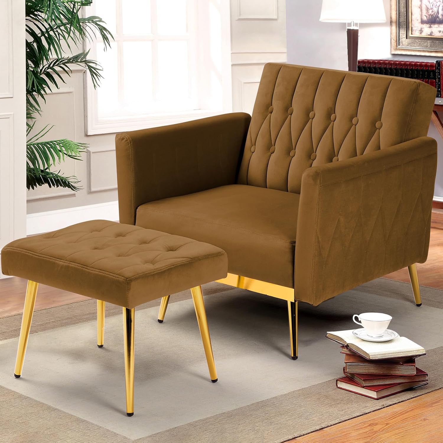 Velvet Accent Chair with Adjustable Armrests and Backrest, Button Tufted Lounge Chair, Single Recliner Armchair with Ottoman and Pillow for Living Room, Bedroom, Brown