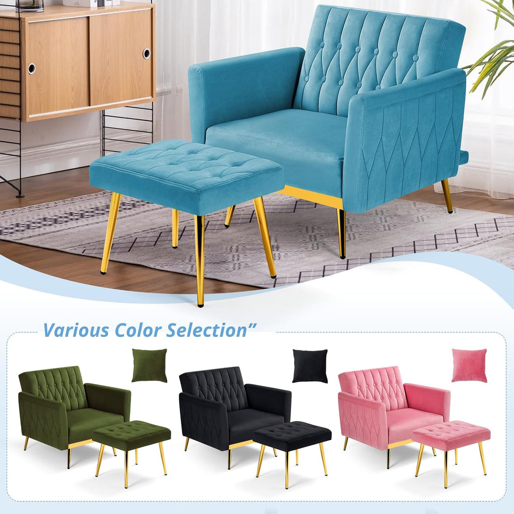 Velvet Accent Chair with Adjustable Armrests and Backrest, Button Tufted Lounge Chair, Single Recliner Armchair with Ottoman and Pillow for Living Room, Bedroom, Baby Blue