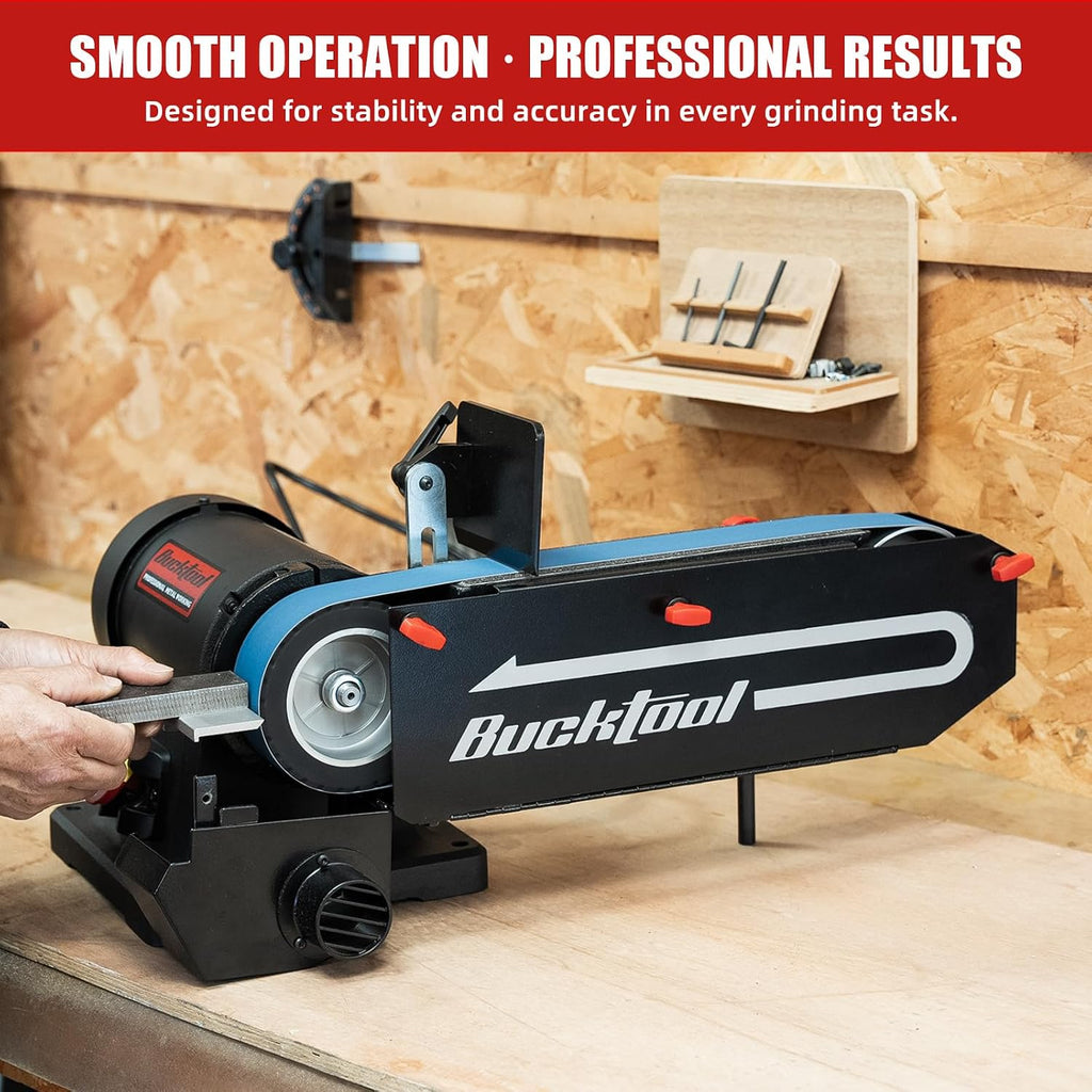 Bucktool 2 x 48 Belt Sander, 1 HP 7A 4500 FPM Bench Belt Sander for Knife Making, Metalworking and Stock Removal, Flat and Curved Sanding Design, Quick Belt Change