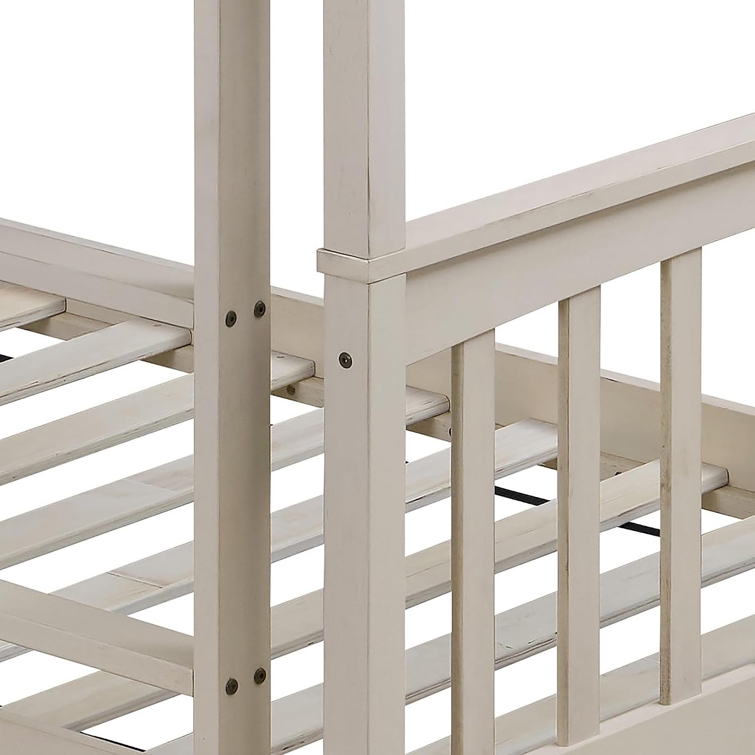 HOME DESIGN Ames Twin Over Twin Solid Wood Standard Bunk Bed with Guardrails and Ladder, Convertible to Two Twin Beds, Antique White