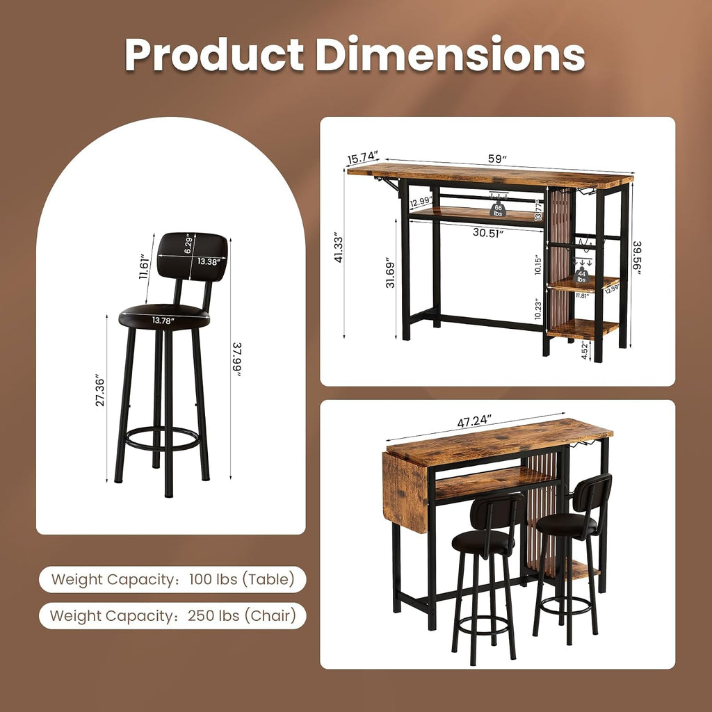Recaceik Bar Dining Table Set, 59' Expandable Kitchen Counter Height Dining Table Set with Storage Shelves, Cup Holder & Wine Rack, PU Upholstered Stools Bar Table Set with Backrest for Kitchen