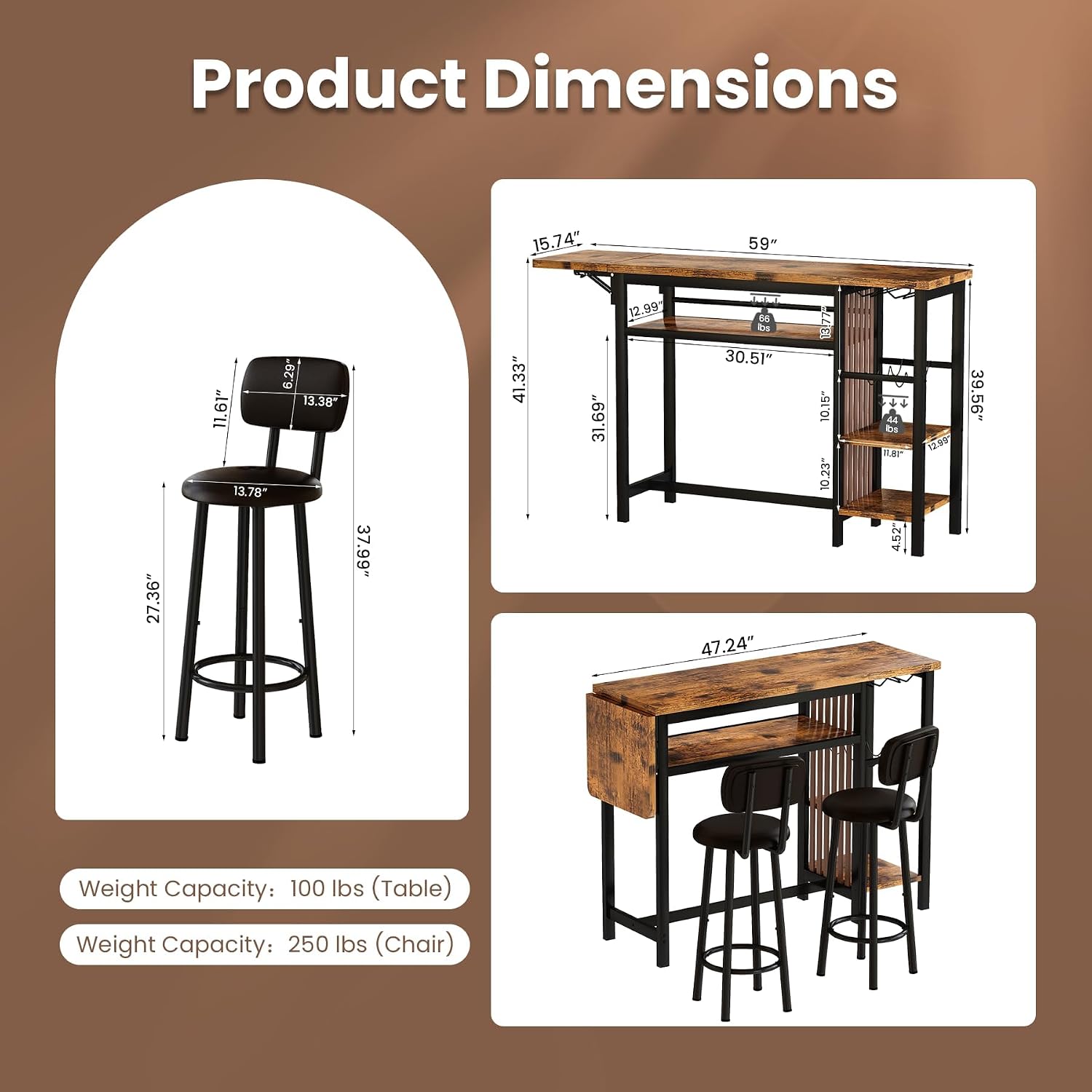 Recaceik Bar Dining Table Set, 59' Expandable Kitchen Counter Height Dining Table Set with Storage Shelves, Cup Holder & Wine Rack, PU Upholstered Stools Bar Table Set with Backrest for Kitchen