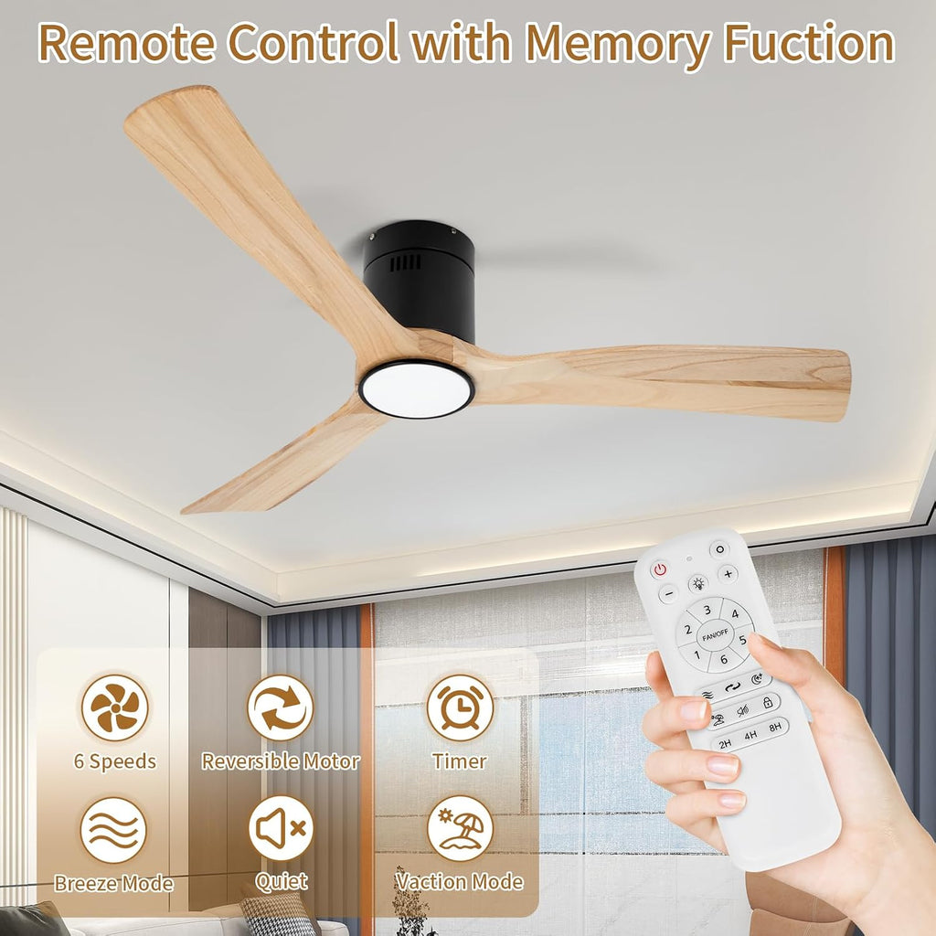 52inch Ceiling Fan with Lights,Flush Mount Wood Ceiling Fans with Remote Control,Dimmable Light,Noiseless DC Motor,Ceiling Fan for Bedroom,Living Room,Office,Indoor