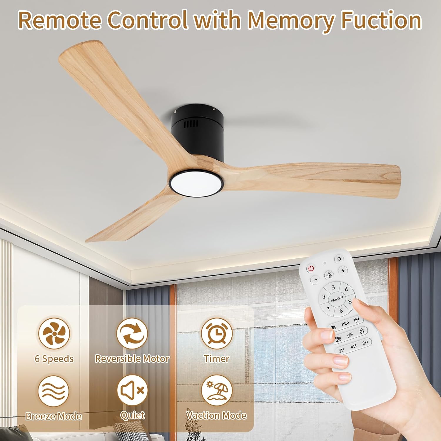 52inch Ceiling Fan with Lights,Flush Mount Wood Ceiling Fans with Remote Control,Dimmable Light,Noiseless DC Motor,Ceiling Fan for Bedroom,Living Room,Office,Indoor