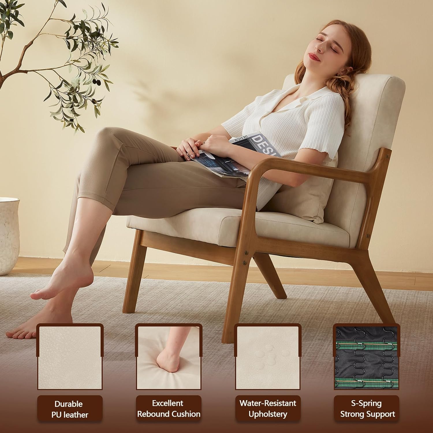 Achicsofar Accent Chair Mid Century Modern Armchair with Lumbar Support Pillow Wood Legs PU Leather Upholstered Lounge Chairs Comfy High Back Cushion for Living Room Bedroom