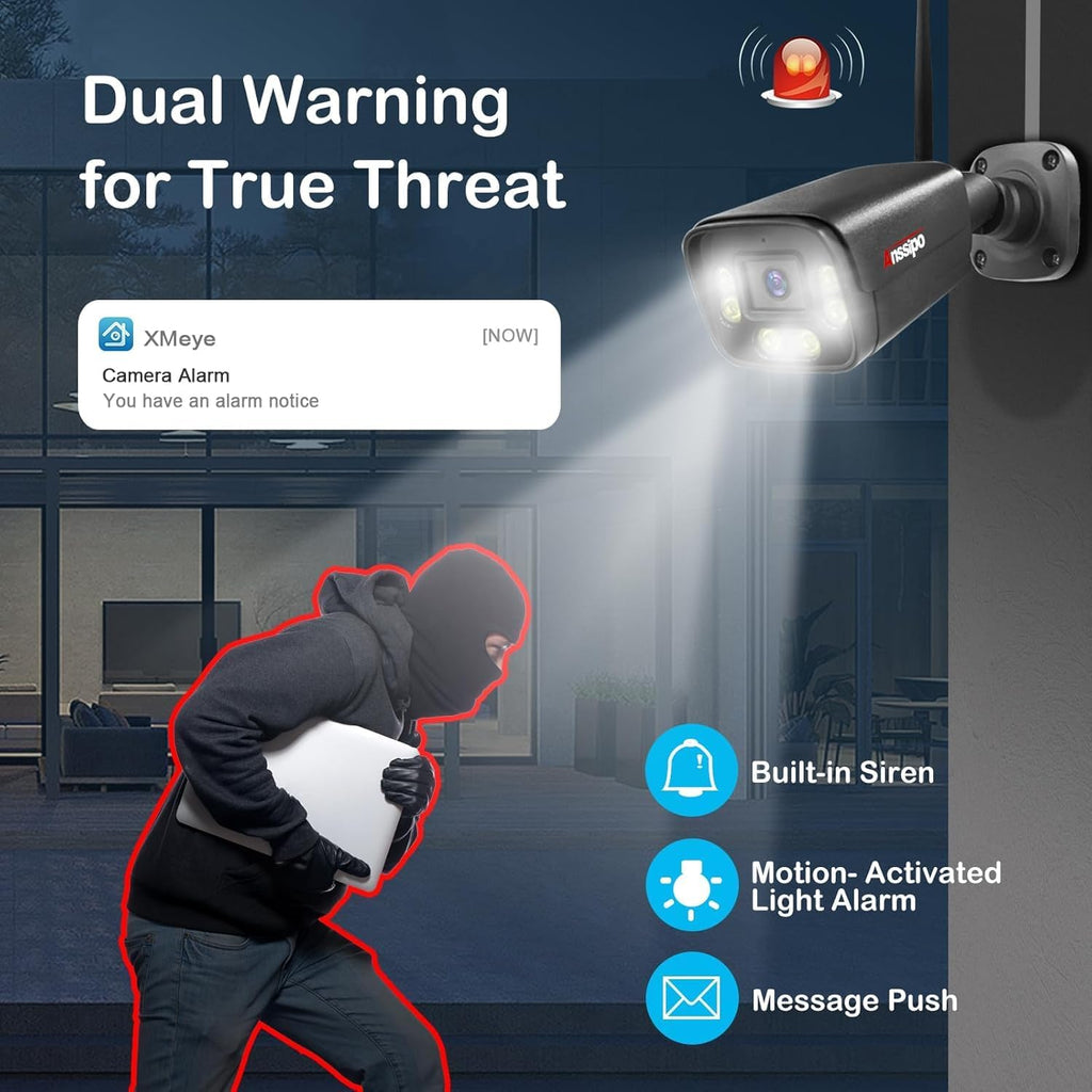 4K Wireless Security Camera System, 8pcs Plug-in WiFi Camera Outdoor Indoor, Dual Warning, 2 Way Audio, Color Night Vision, Person/Face Detection, 8CH WiFi Surveillance NVR, 2TB Hard Drive