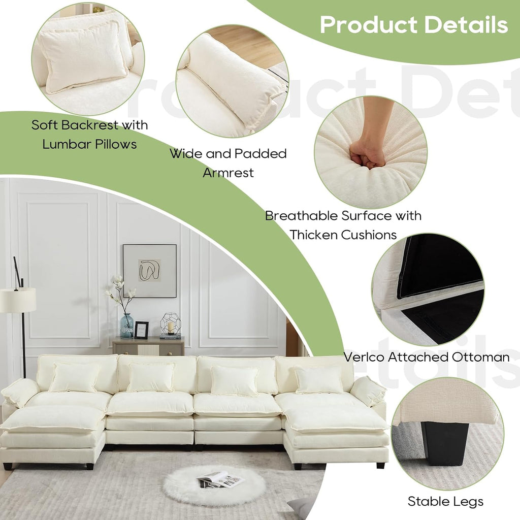 Oprisen 154' Modular Sectional Sofa, Comfy Cloud Couch Sectional Sofa with Ottoman, Chenille Sofa Sleeper Deep Seat Sofa with Throw Pillows for Living Room (Beige White, 154'- U Shape)