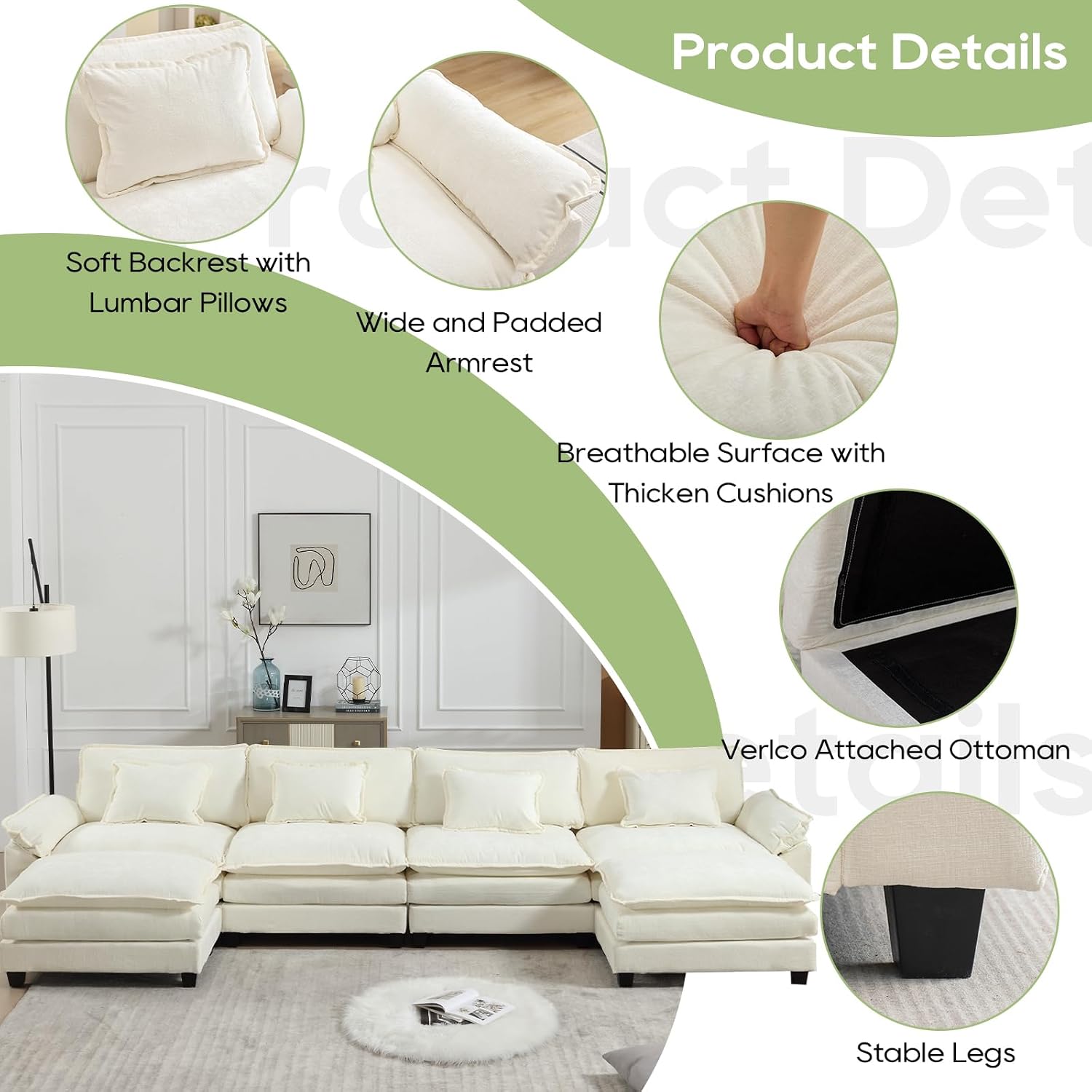 Oprisen 154' Modular Sectional Sofa, Comfy Cloud Couch Sectional Sofa with Ottoman, Chenille Sofa Sleeper Deep Seat Sofa with Throw Pillows for Living Room (Beige White, 154'- U Shape)
