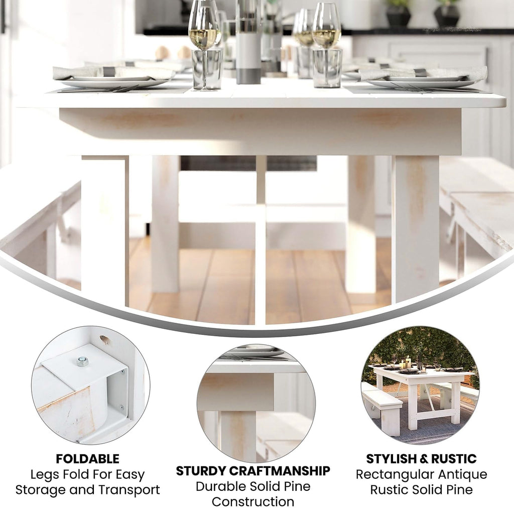 Flash Furniture HERCULES Series 7' x 40' Rectangular Antique Rustic White Solid Pine Folding Farm Table