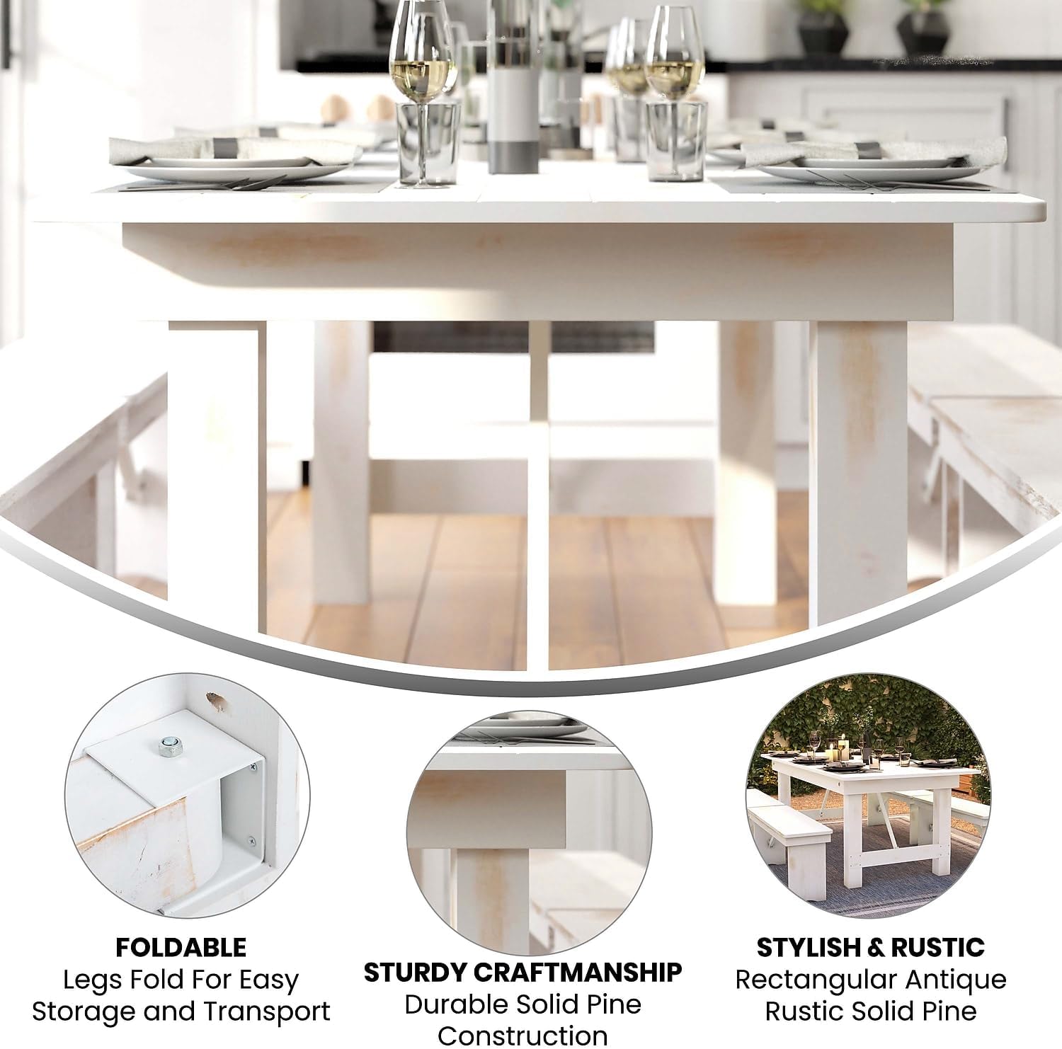 Flash Furniture HERCULES Series 7' x 40' Rectangular Antique Rustic White Solid Pine Folding Farm Table