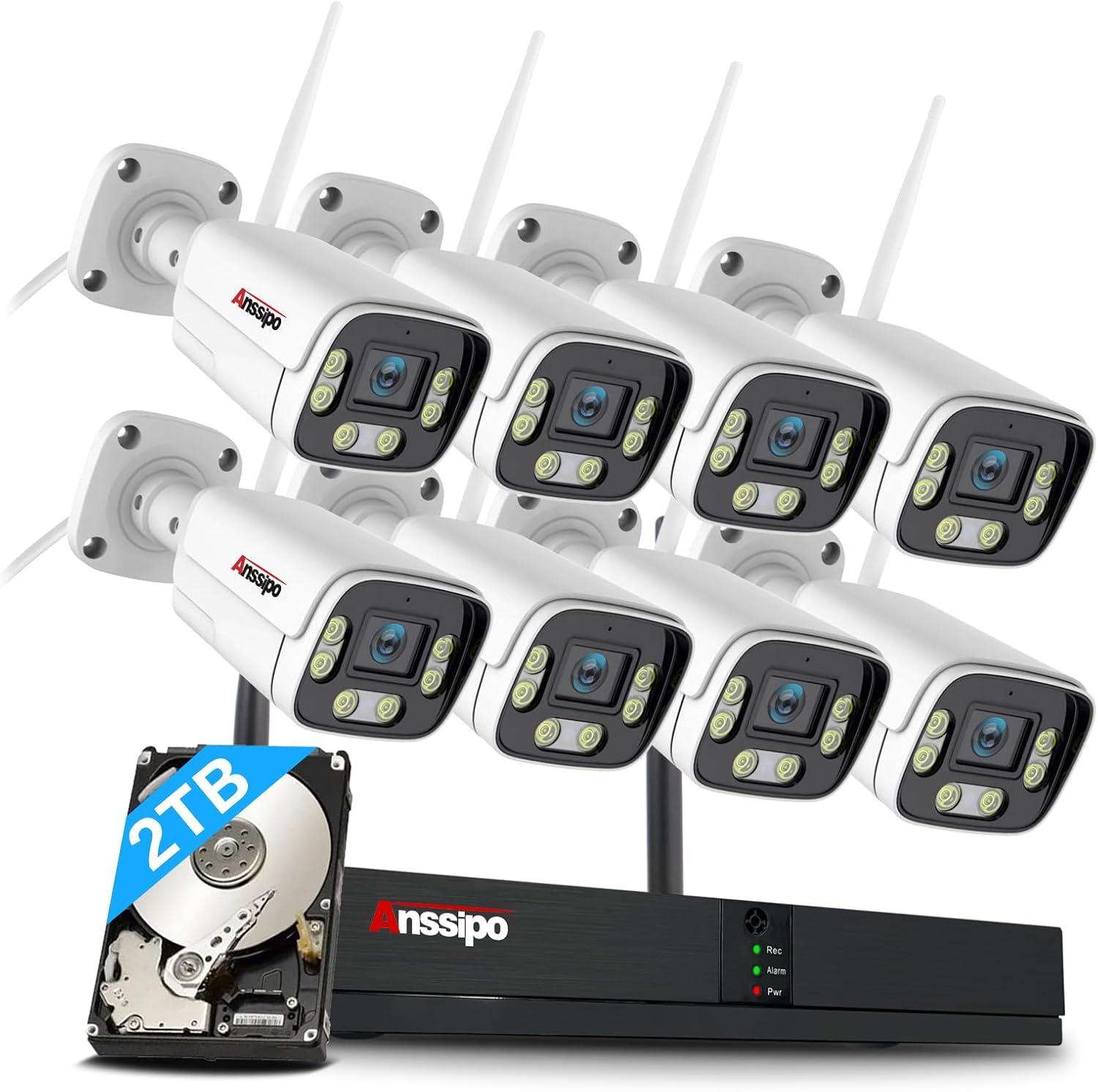 3MP Plug-in WiFi Home Security Camera System, 8 Outdoor/Indoor Surveillance Cameras, 4K 8CH NVR with 2TB Hard Drive, Siren & Spotlight Alarm, Human/Vehicle Detection, Color Night Vision, 2-Way Talk