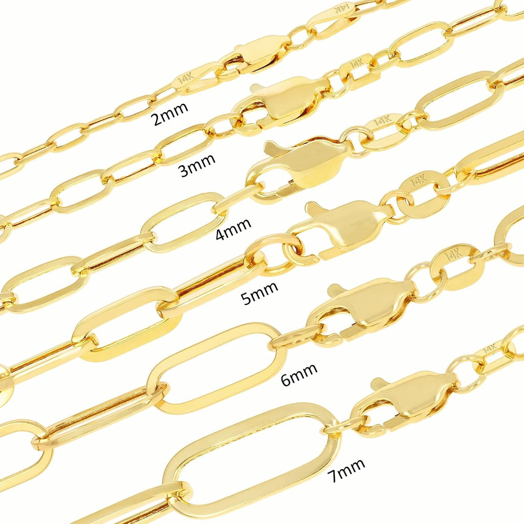 Nuragold 14K Real Yellow Gold Paperclip Chain Elongated Cable Link Necklace 16'-24' (2mm-7mm) Italian Jewelry for Men & Women