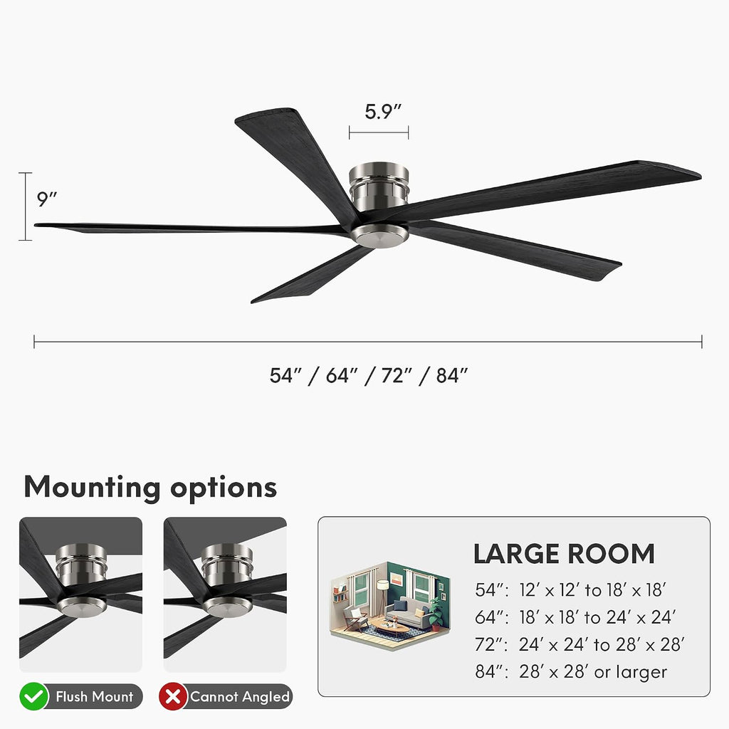 EKIZNSN 72 Inch Brushed Nickel Flush Mount Ceiling Fans without Light for Patios, 110V Noiseless Reversible DC Motor, 6-Gear Speed (Nickel Finish with Black Blades)