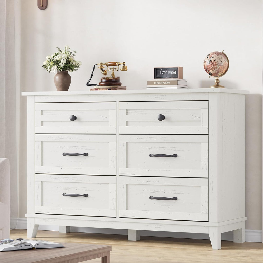 GarveeHome 6 Dresser for Bedroom, 47 in Wide Drawer Dresser with Storage Freestanding, Wooden Closet Storage Chest for Living Room, Bedroom, Entryway, Ash White