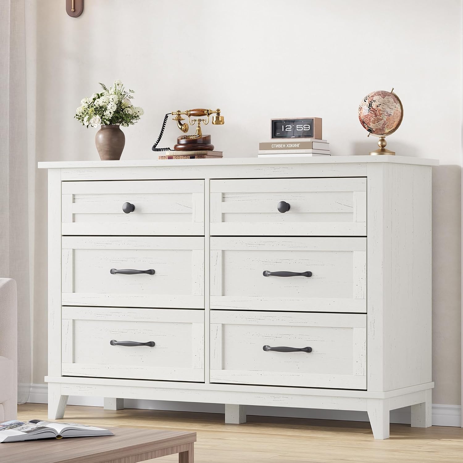 GarveeHome 6 Dresser for Bedroom, 47 in Wide Drawer Dresser with Storage Freestanding, Wooden Closet Storage Chest for Living Room, Bedroom, Entryway, Ash White