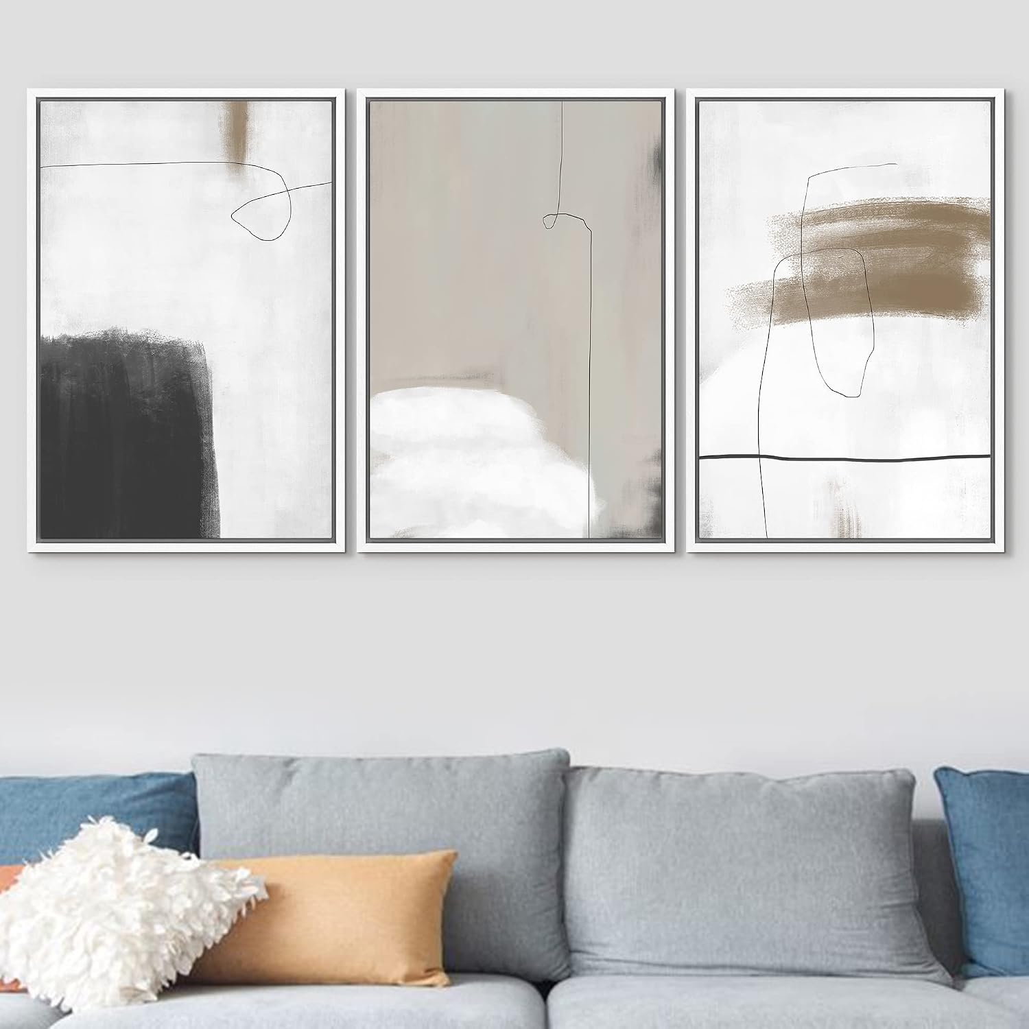 SIGNFORD Framed Canvas Print Wall Art Set Grunge Dark Watercolor Paint Stroke Abstract Shapes Illustrations Modern Art Bohemian Nordic Relax/Calm for Living Room, Bedroom, Office - 16'x24'x3 White