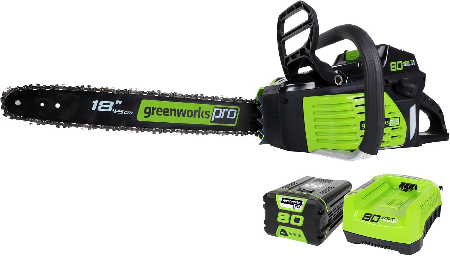 Greenworks 80V 18' Brushless Cordless Chainsaw (Great For Tree Felling, Limbing, Pruning, and Firewood) / 75+ Compatible Tools), 2.0Ah Battery and Rapid Charger Included