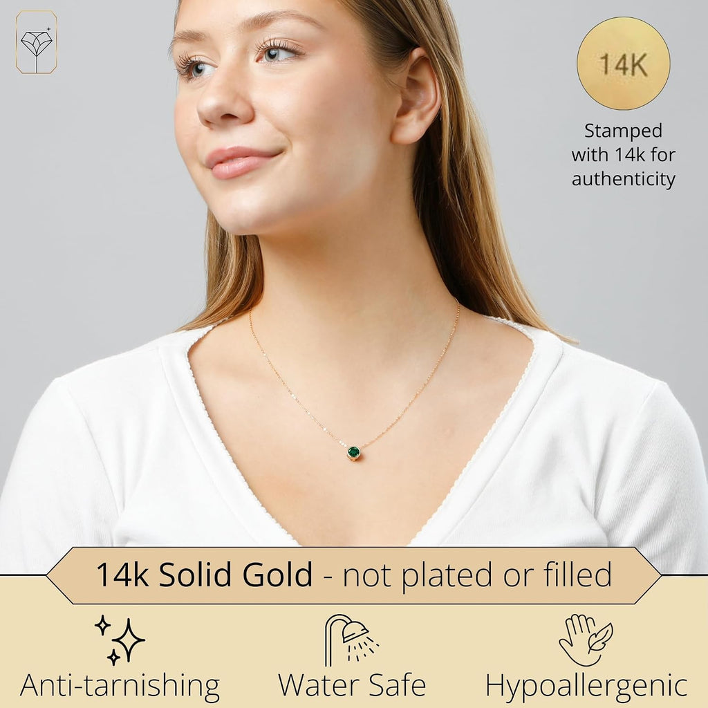 MAX + STONE 14K Gold Gemstone Pendant with 7mm Round Bezel Birthstone | Dainty Round Necklace for Women with Gold 18 Inch Cable Chain | Secure Clasp Pendants with Gift Box