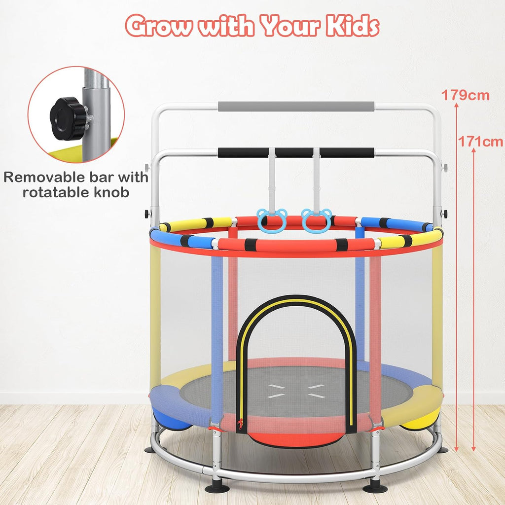 OLAKIDS 55' Trampoline for Kids, Indoor Outdoor Adjustable Toddler Trampoline with Safety Enclosure Net, Baby Recreational Trampolines with Basketball Hoop Hammock Boxing Bag Gymnastic Bar Rings
