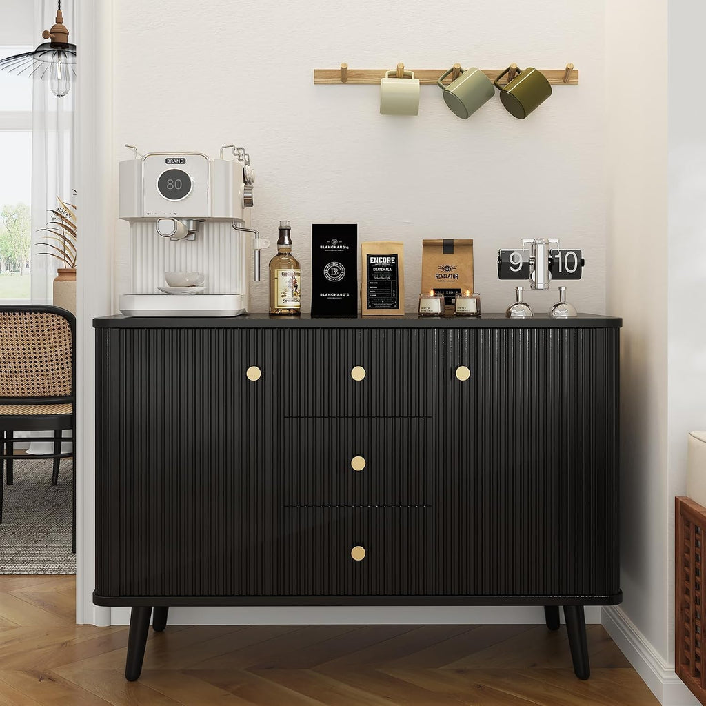 47.2' w Fluted Buffet Cabinet with 3 Drawers & 2 Adjustable Shelves, Storage Cabinet with 2 Door, Modern Mid Century TV Stand Coffee Bar Cabinets for Living Room, Kitchen, Entryway