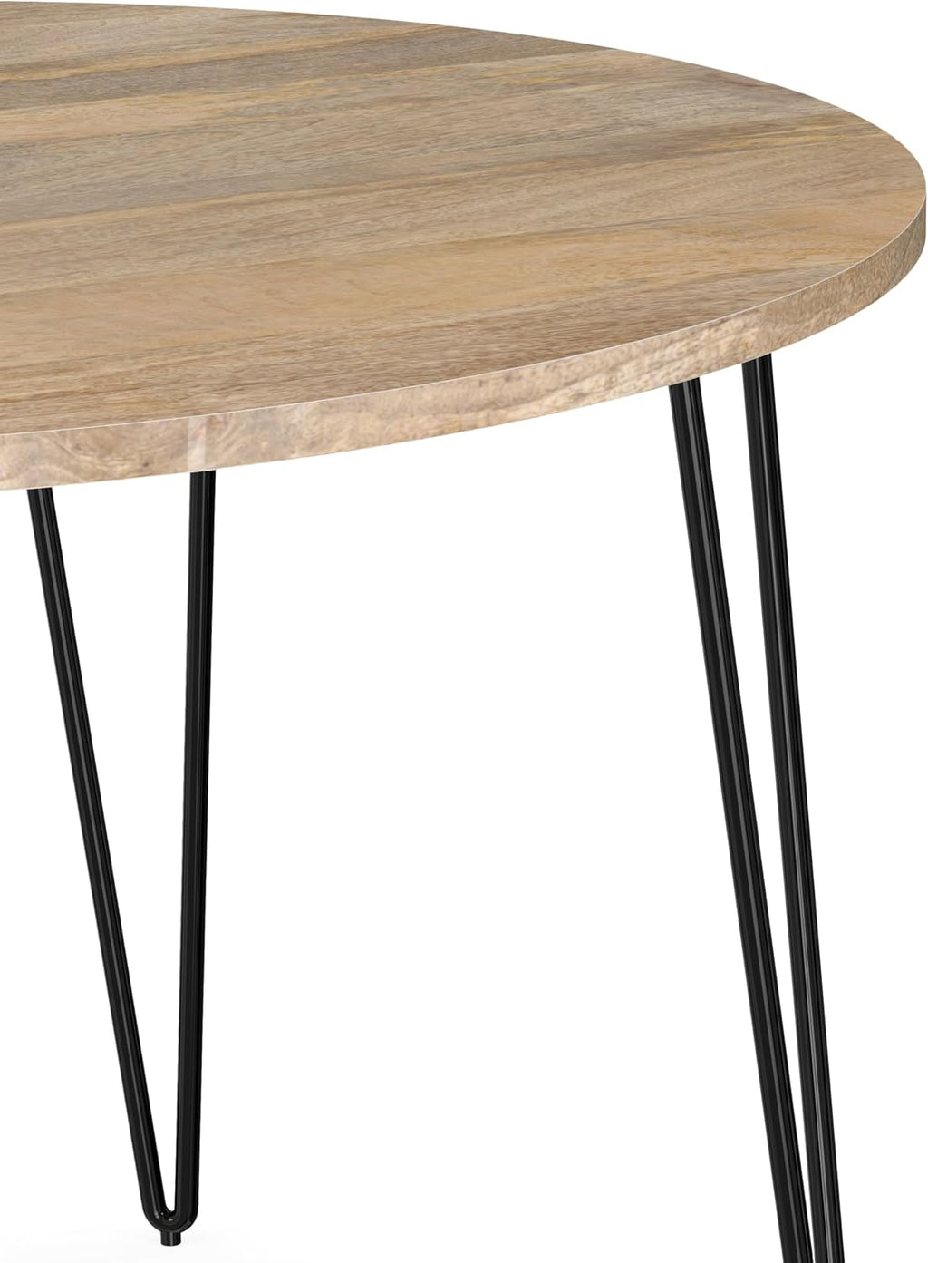 SIMPLIHOME Hunter Dining Table - 45 inch Wide Solid Mango Wood Round Table in Natural, Modern Industrial Style for Dining Room or Kitchen with Black Powder-Coated Iron Base and Hairpin Legs, Seats 4