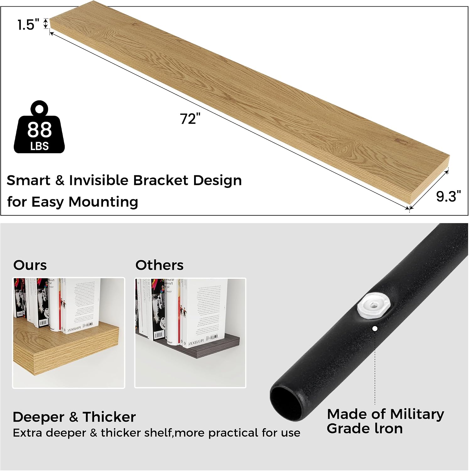 Venusmiles Floating Shelves for Wall, Engineered Wood Wall Shelves with Invisible Brackets for Living Room Bedroom Bathroom Office Kitchen Decor and Storage (Oak, 72' W x 9' D x 1.5' H) Set of 1