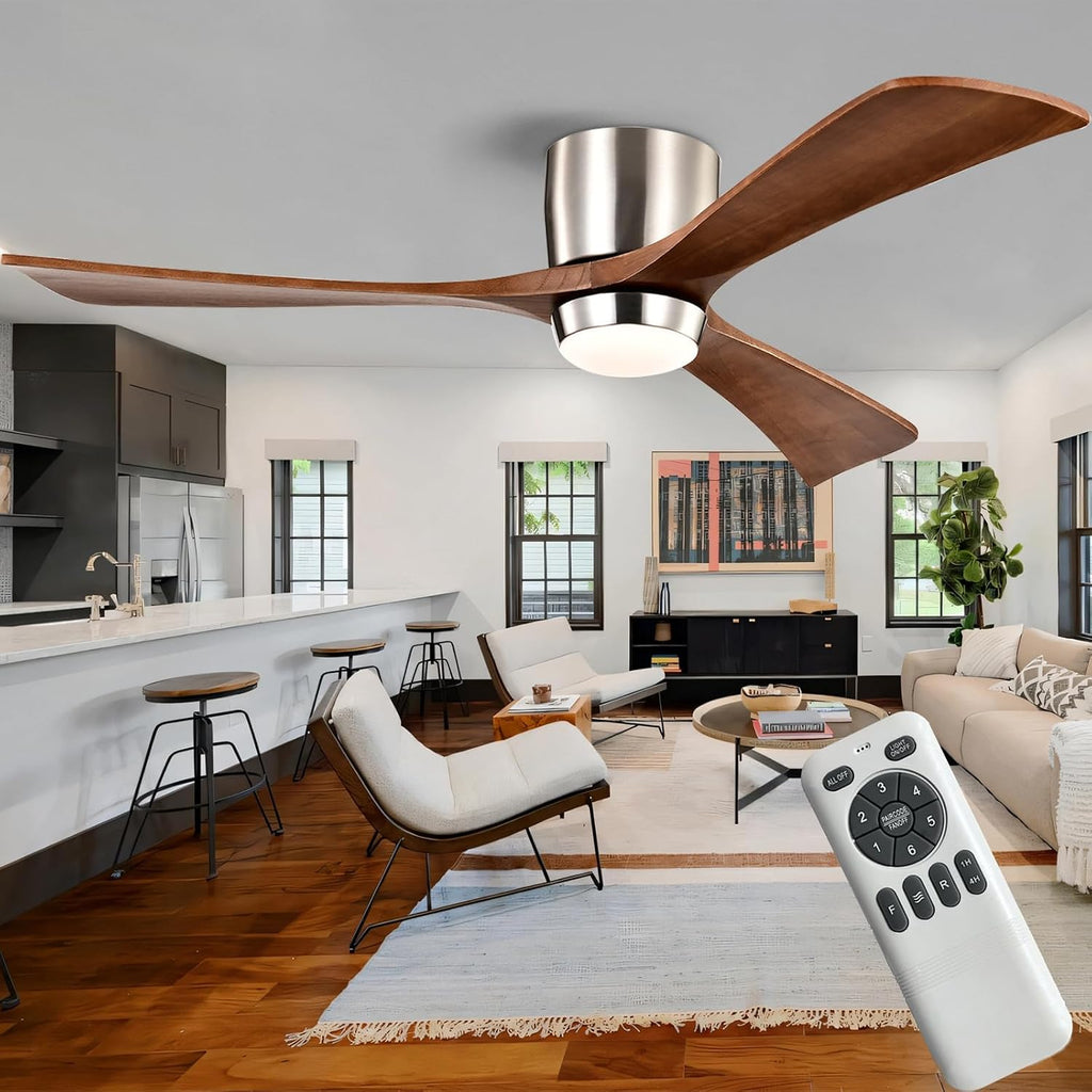 52' Wooden Flush Mount Ceiling Fans with Remote Control, Dimmable Low Profile Chandelier Fan with LED Light Modern Fandelier for Living Room Nickel Walnut