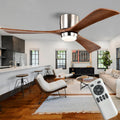52' Wooden Flush Mount Ceiling Fans with Remote Control, Dimmable Low Profile Chandelier Fan with LED Light Modern Fandelier for Living Room Nickel Walnut